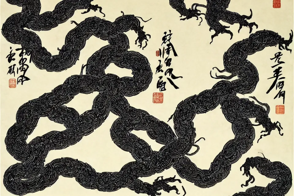 Image similar to mythical monsters are sealed in chains, traditional chinese ink painting, yellowing paper.