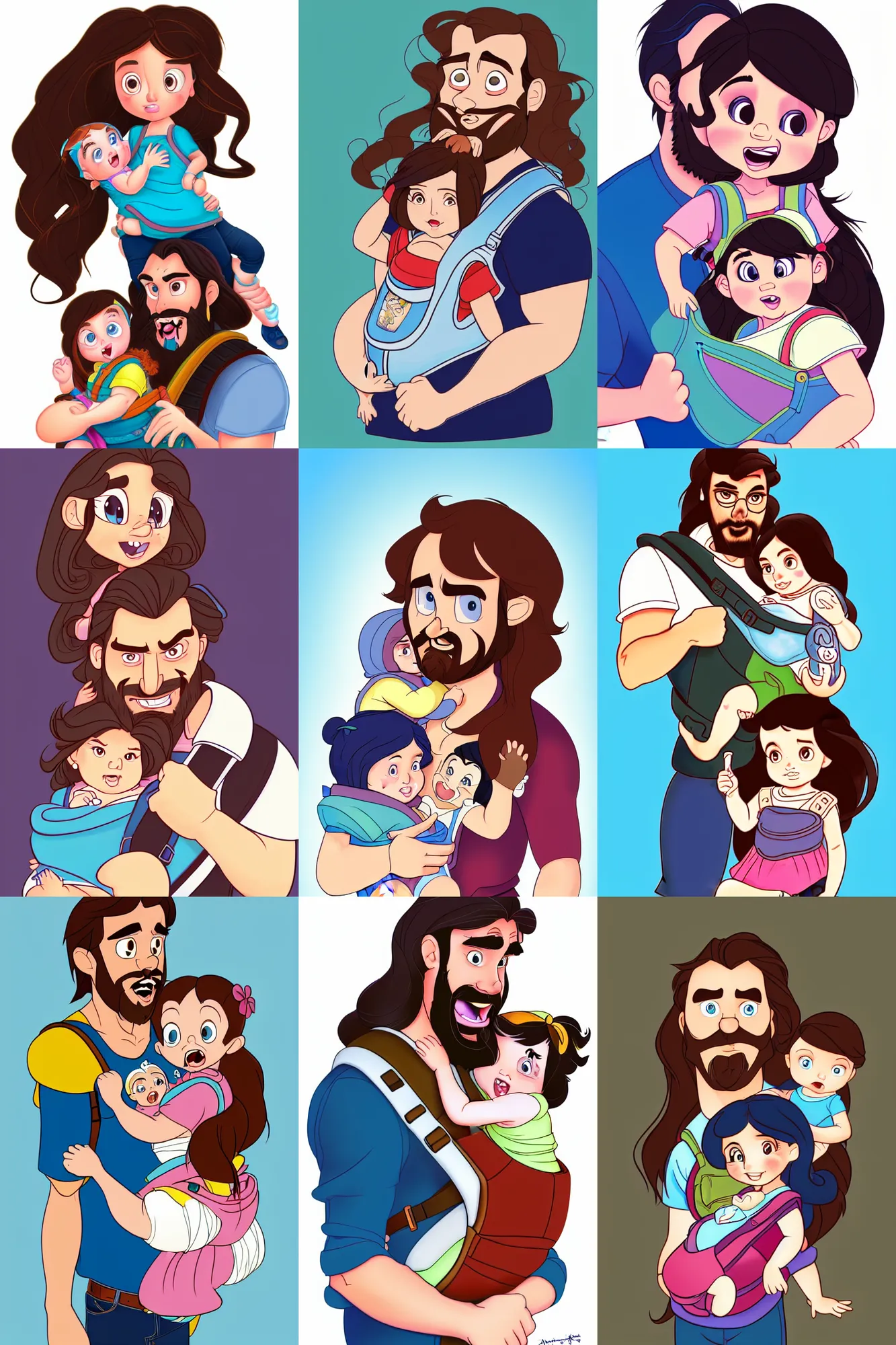 Prompt: a long - haired bearded father and his cartoonish brunette child toddler girl in a baby carrier full color digital illustration in the style of don bluth, artgerm, artstation trending, wide shot, 4 k
