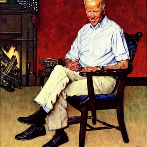 Image similar to a portrait painting by Norman Rockwell of Joe Biden sitting in a chair. Cozy fire. Legs crossed