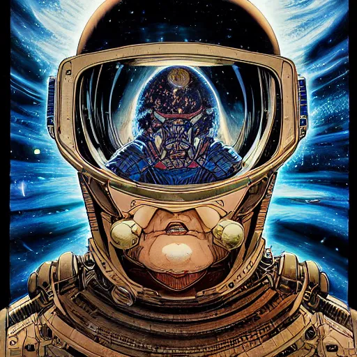 Image similar to portrait of crazy interstellar explorer, symmetrical, by yoichi hatakenaka, masamune shirow, josan gonzales and dan mumford, ayami kojima, takato yamamoto, barclay shaw, karol bak, yukito kishiro