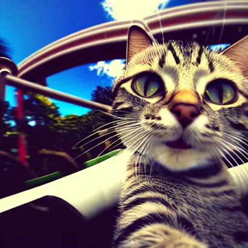 Image similar to selfie of an excited cat riding a roller - coaster, wide angle, highly - detailed realistic