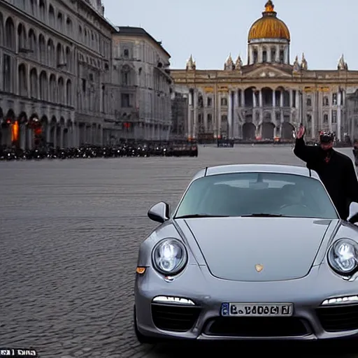 Prompt: a stunning award-winning photo of the Pope doing a sick drift in his Porsche on St. Peter's square, dark tire marks, gray smoke coming out of the tires, very high quality, extremely detailed