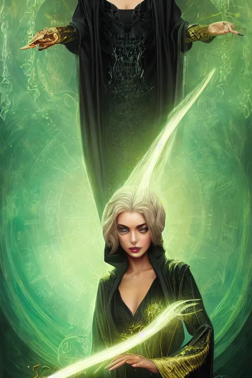 Image similar to a close - up portrait of a beautiful sorceress wearing a black robe with gold embroidery, casting a spell, green glows, painted by artgerm and tom bagshaw, highly detailed digital art