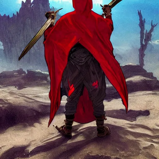 Image similar to view from the back shadow warrior holding twin swords, male villian, full body worn out torn cape, red hoodie, worn out clothes, floating spiral sand, desert, full body shot, anime style, 90's modern art, art by artgerm and greg rutkowski and alphonse mucha