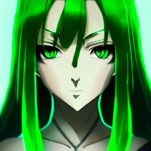 Image similar to a woman with dark green hair and glowing green eyes, anime, artstation, trending on artstation, high quality