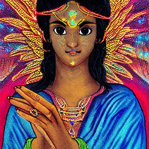 Image similar to Sri lankan girl as a winged angel covered in eyes with glowing halo, iridescent, seraphim, art by Hideyuki Kikuchi,