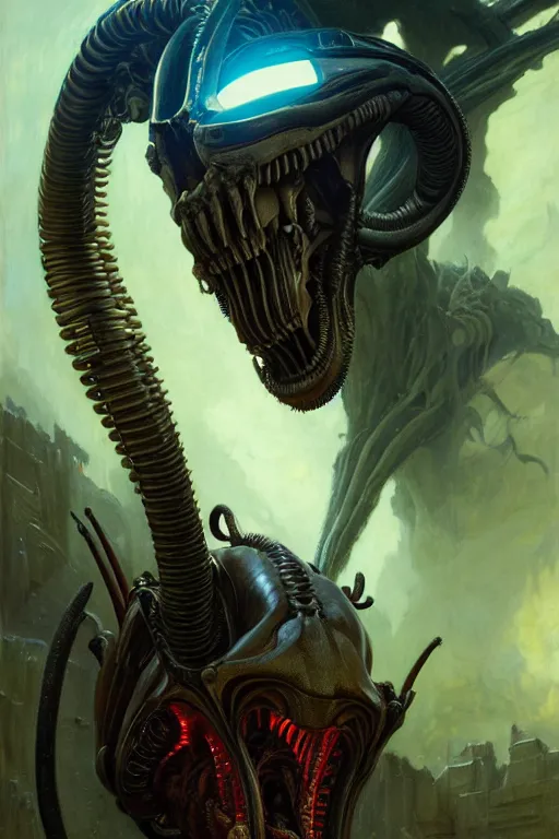 Image similar to a portrait of xenomorph king with glow eyes, high detail, realistic by gaston bussiere, bayard wu, greg rutkowski, giger, maxim verehin, greg rutkowski, masterpiece, sharp focus, cinematic lightning