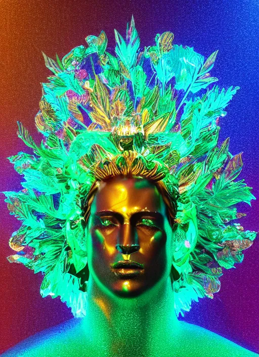 Prompt: photo of baroque and bladerunner delicate neon emerald sculpture of seductive king william levy tigers orange iridescent humanoid deity wearing metallic jungle leaves holding the sun prismatic dungeon, glowing rainbow face, crown of white diamonds, cinematic lighting, photorealistic, octane render 8 k depth of field 3 d