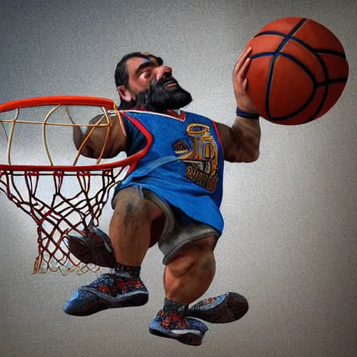 Image similar to a dwarf is dunking a basketball, digital art, highly detailed, realistic, bright colors, 8 k