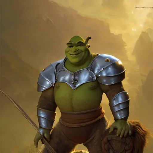 Image similar to shrek bare chested as a glorious devout shining powerful epic amazing awesome very handsome attractive muscular stylish knight in shining golden armor riding donkey, fantasy art, highly detailed, photorealistic, octane render, 8 k, unreal engine, art by artgerm and greg rutkowski and alphonse mucha