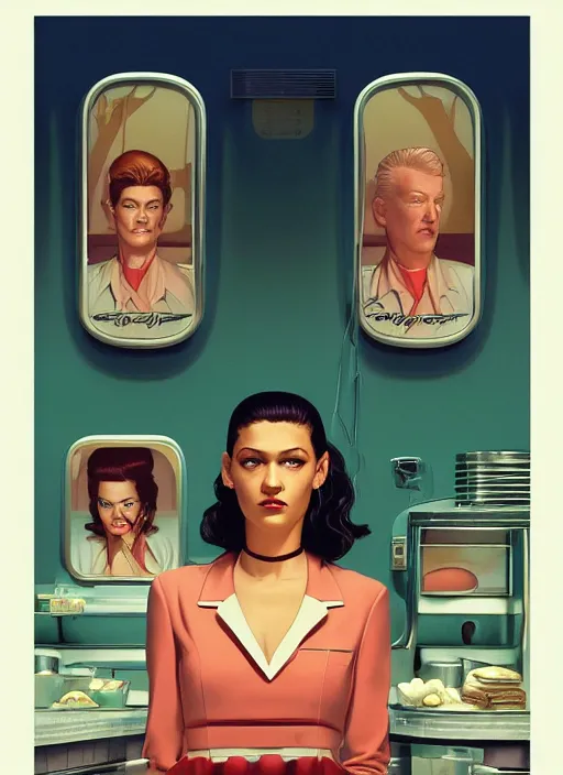 Prompt: poster artwork by Michael Whelan, Bob Larkin and Tomer Hanuka, Karol Bak of Zendaya working at the diner in RR diner waitress dress, from scene from Twin Peaks, simple illustration, domestic, nostalgic, from scene from Twin Peaks, clean