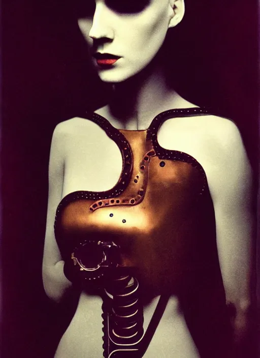 Prompt: photography of beautyful female android steampunk by sarah moon,