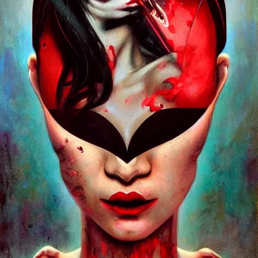 Image similar to dream portrait of Vampirella, cameras, melting ,8k,by tristan eaton,Stanley Artgermm,Tom Bagshaw,Greg Rutkowski,Carne Griffiths, Ayami Kojima, Beksinski, Giger,trending on DeviantArt,face enhance,hyper detailed,minimalist,cybernetic, android, blade runner,full of colour 8-W 1024