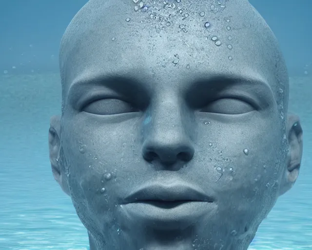 Image similar to a giant sculpture of an abstract human head on the surface of the ocean, award winning, hyper - realistic, very detailed, realistic water, ray tracing, 8 k resolution, long - shot, sharp focus, low angle, 8 5 mm photograph, wide lens