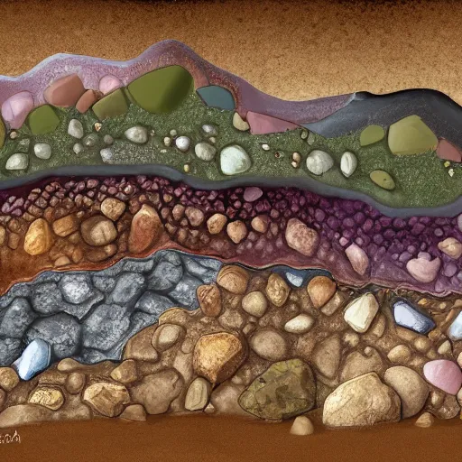 Prompt: a side profile of earth soil and rock layers, with hidden bones, gems and treasures, digital painting