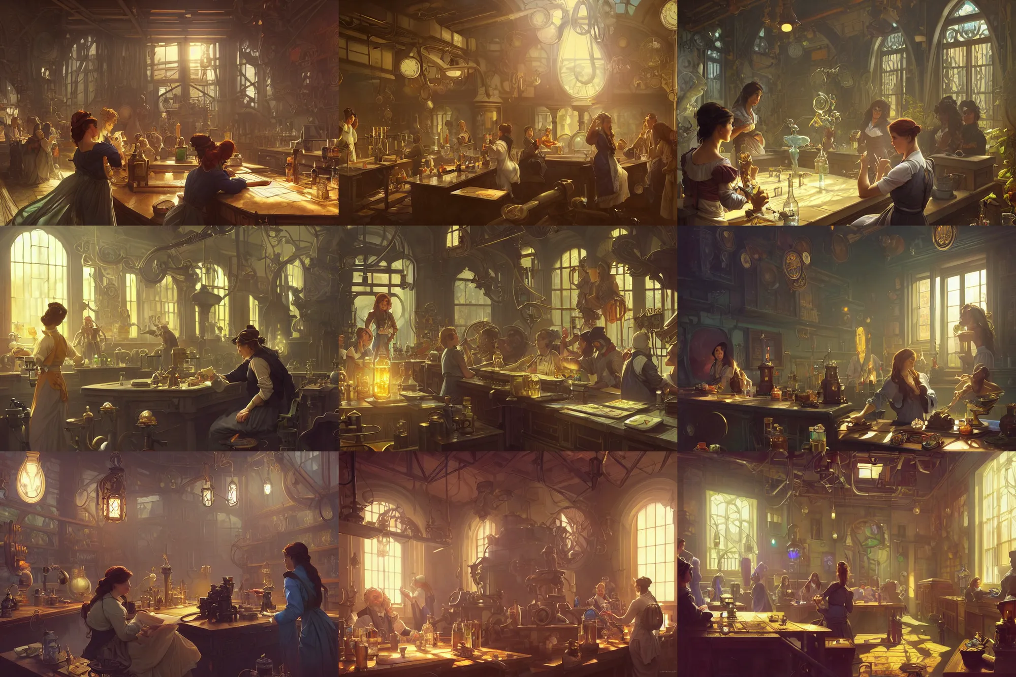 Prompt: a hyperrealistic render of a laboratory in the victorian era, outdoor, art by Artgerm and Greg Rutkowski and Alphonse Mucha, hearthstone art style, epic fantasty card game art, Beautiful dynamic dramatic moody lighting, shadows, cinematic, Octane, 8K