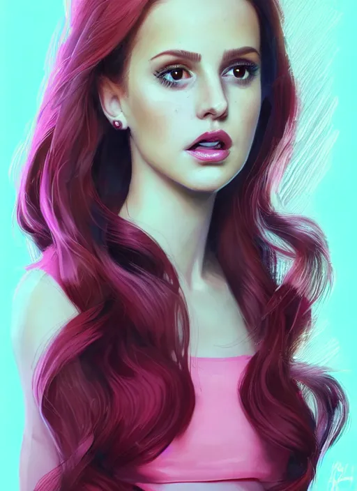 Image similar to full body portrait of teenage cheryl blossom, bangs, green eyes, sultry expression, red hair, sultry smirk, bangs and wavy hair, pink skirt, intricate, elegant, glowing lights, highly detailed, digital painting, artstation, concept art, smooth, sharp focus, illustration, art by wlop, mars ravelo and greg rutkowski