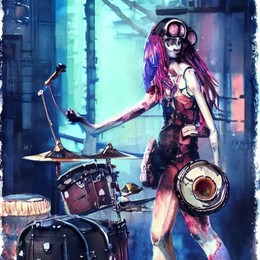 Image similar to Octopus girl playing R&R drum kit in the spotlight with rock band concert, cyberpunk, realistic, detailed, Industrial Scifi, paint, watercolor, in the style of Ashley Wood and Wadim Kashin