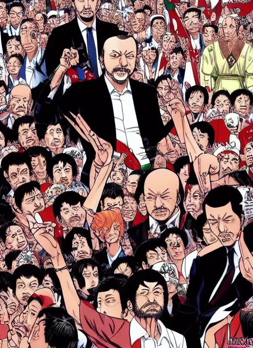 Image similar to recep tayyip erdogan manga, color, best scene, by katsuhiro otomo and hiroya oku and makoto yukimura