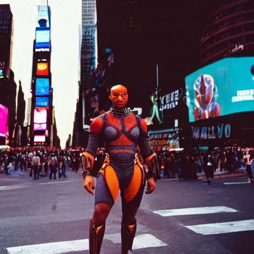 Prompt: photo of wakanda warrior in times square cinestill, 800t, 35mm, full-HD