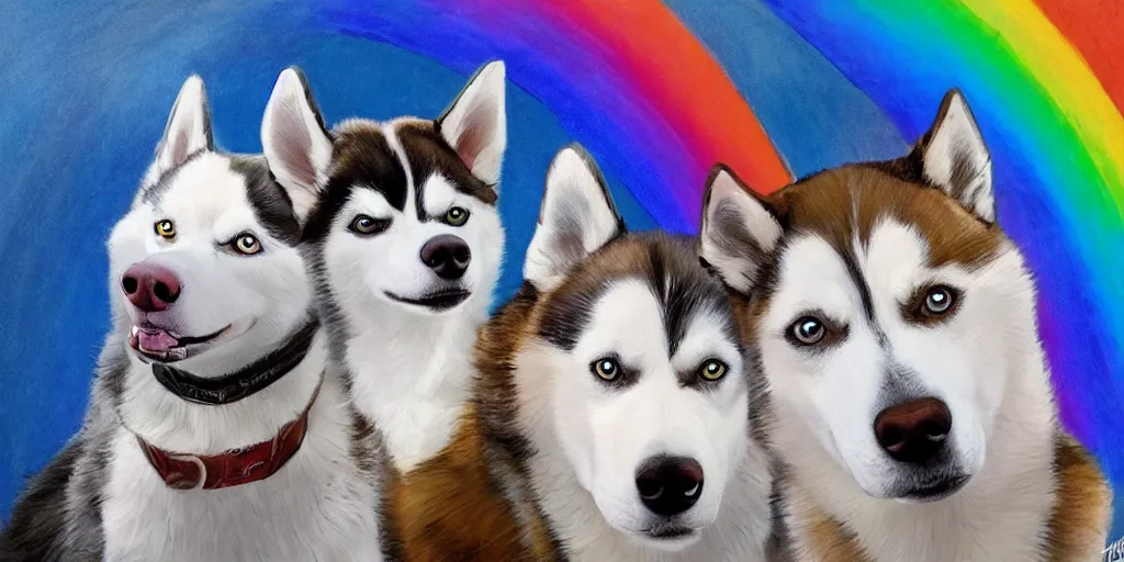 Image similar to a husky and a sheeo dog and a chihuahua and mutt dog all running happily towards their owners at the rainbow bridge, tall golden heavenly gates, two cats sitting patiently, amazing, stunning artwork, featured on artstation, cgosciety, behance