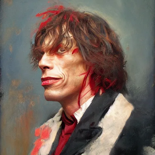 Prompt: Solomon Joseph Solomon and Richard Schmid and Jeremy Lipking victorian genre painting portrait painting of Mick Jagger in fantasy costume, red background