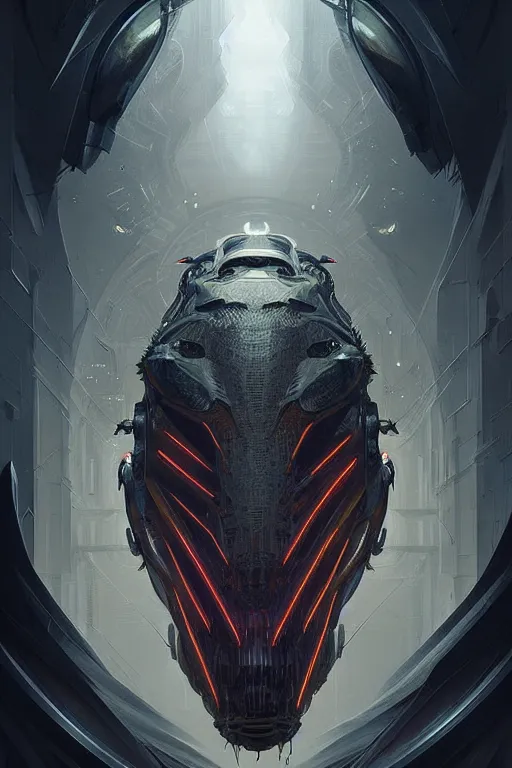 Image similar to professional concept art symmetrical portrait of a horrendous robotic fractal predatory species in a dark room by artgerm and greg rutkowski. an intricate, elegant, highly detailed digital painting, concept art, smooth, sharp focus, illustration, in the style of cam sykes.