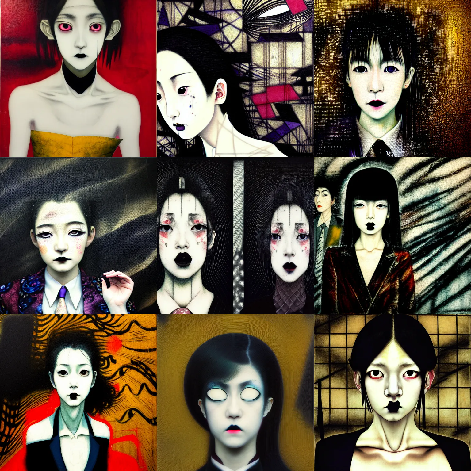 Prompt: yoshitaka amano blurred and dreamy realistic three quarter angle portrait of a young woman with black lipstick and black eyes wearing dress suit with tie, junji ito abstract patterns in the background, satoshi kon anime, noisy film grain effect, highly detailed, renaissance oil painting, weird portrait angle, blurred lost edges