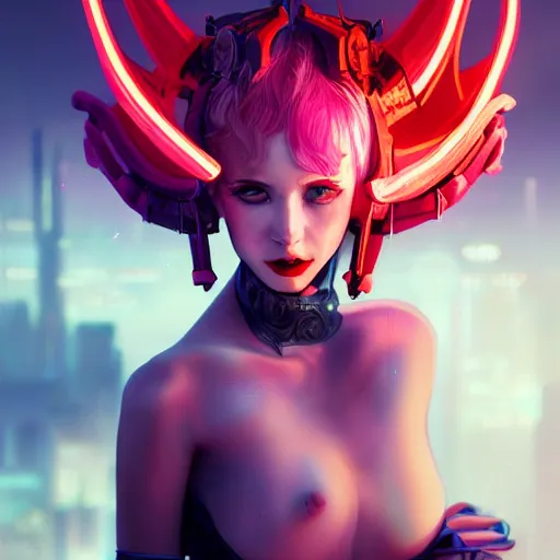 Image similar to portrait futuristic Devil Girl with horns and wings, in future cyberpunk tokyo rooftop , ssci-fi, fantasy, intricate, very very beautiful, elegant, human anatomy, neon light, highly detailed, digital painting, artstation, concept art, smooth, sharp focus, illustration, art by tian zi and WLOP and alphonse mucha