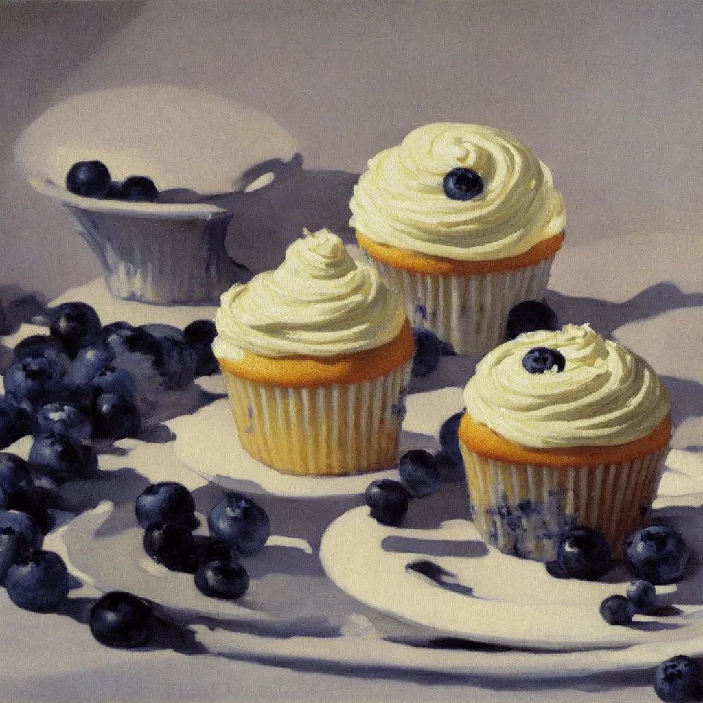 Image similar to painting of 1 blueberry cupcake with creme topping by Edward Hopper