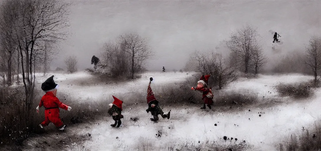 Prompt: two gnomes running from a monster, snowy fields, painting by jakub rozalski,