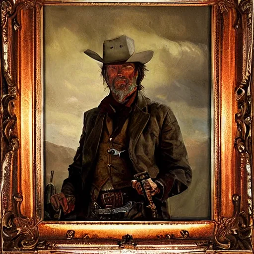 Prompt: Solomon Joseph Solomon and Richard Schmid and Jeremy Lipking victorian genre painting portrait painting of Clint Eastwood a rugged cowboy gunfighter old west character in fantasy costume, rust background