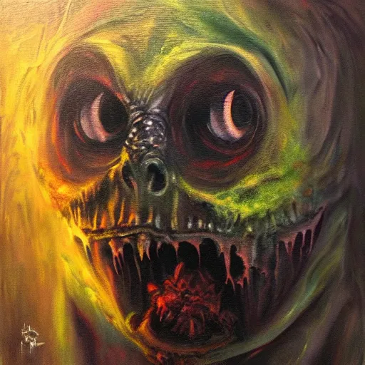 Image similar to small monster in the style of scary stuffs, oil painting, on board, hypercolor