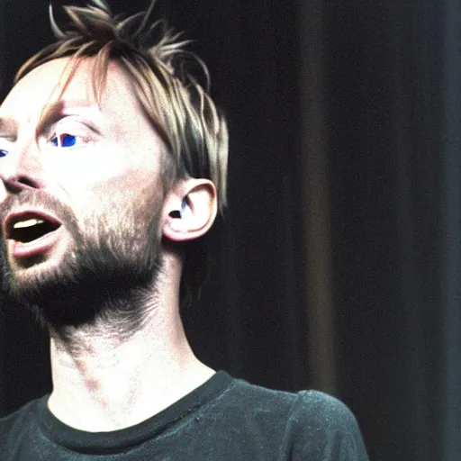 Prompt: skinny Thom Yorke 1995 singing into a microphone, a photo by John E. Berninger, trending on pinterest, private press, associated press photo, angelic photograph, masterpiece