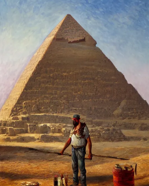 Image similar to detailed painting of an american lumberjack in front of the gizeh pyramids of egypt, deep focus, good lighting, rules of composition, intricate, greg rutkowski, magali villeneuve and monet