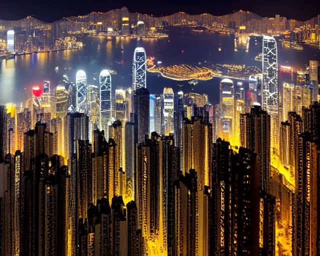 Image similar to 4 k hd, high resolution photograph of hong kong at night, shot with sigma f / 4. 2, 2 5 0 mm sharp lens, wide shot, high level texture render