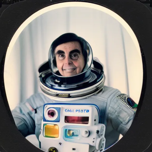 Image similar to polaroid of carl sagan in a spacesuit