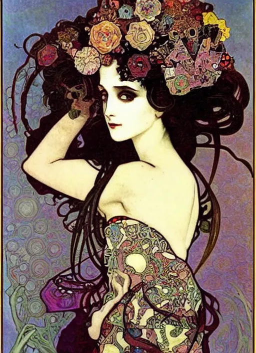 Image similar to Goth fractal girl, surreal Dada collage by Alphonse Mucha