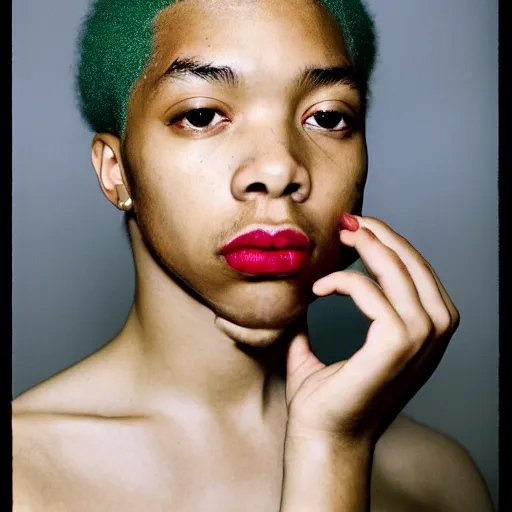 Image similar to realistic photoshoot for a new dior lookbook, color film photography, portrait of a beautiful green haired woman, in style of tyler mitchell, 35mm