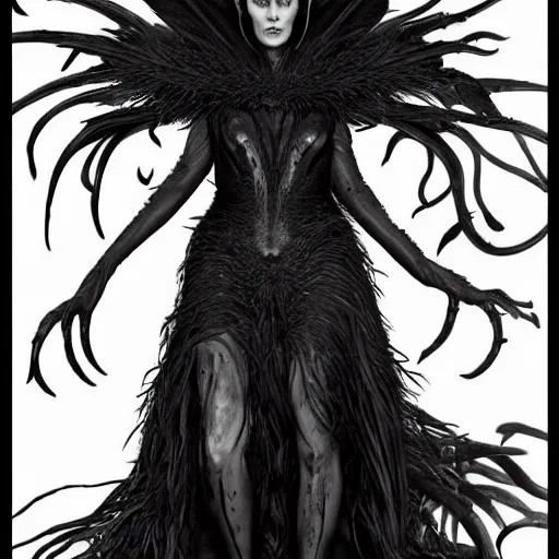 Image similar to jennifer connelly as alien odile the black swan, gray skin, wearing black hooded cloak, huge wings, black feathers instead of hair, black feathers growing out of skin, bumpy skin, screaming, losing control, black feathers growing out of face, black hands with black claws, comic book, giger, mike mignogna, david mack, trending on artstation