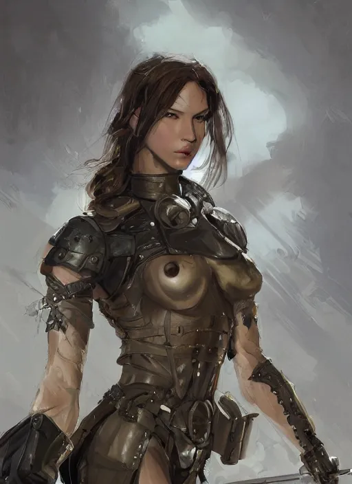 Image similar to a professionally painting of an attractive young female, partially dressed in military armor, olive skin, long dark hair, beautiful bone structure, perfectly proportioned, symmetrical facial features, intricate, elegant, heroic pose, digital painting, concept art, illustration, sketch-like, sharp focus, finely detailed, from Metal Gear, by Ruan Jia and Mandy Jurgens and William-Adolphe Bouguerea, trending on Artstation, award winning