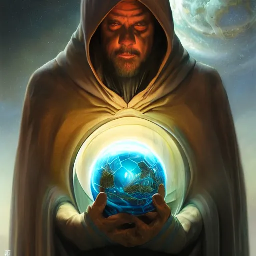 Image similar to creator of worlds wearing a cloak, masked, and holding a holographic planet projection in his hand, detailed, sci - fi, digital painting, artstation, sharp focus, illustration, ominous, artgerm, tomasz alen kopera, peter mohrbacher, donato giancola, joseph christian leyendecker, wlop, frank frazetta