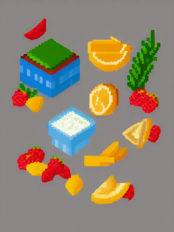 Prompt: miniature isometric pixel art diorama of yogurt with fruits