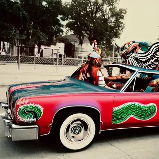 Prompt: wide angle panoramic photo of an indigenous cholo shaman dressed with a quetzalcoatl feathered serpent driving a convertible lowrider car in brooklyn in 1 9 7 0