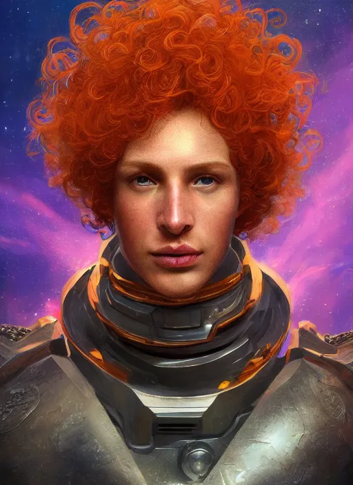 Image similar to masterpiece artwork of a curly orange hair man with cosmic armor, au naturel, hyper detailed, digital art, trending in artstation, cinematic lighting, studio quality, smooth render, unreal engine 5 rendered, octane rendered, art style by klimt and nixeu and ian sprigger and wlop and krenz cushart