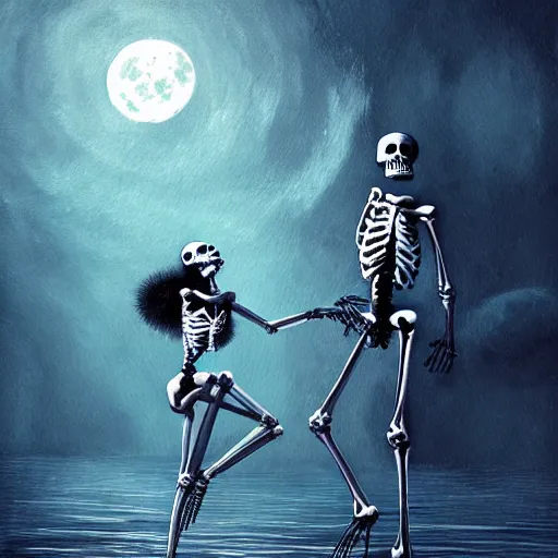 Prompt: highly detailed fine painting Macabre Dancing skeletons eerie moonlit under water scene digital art deviantart