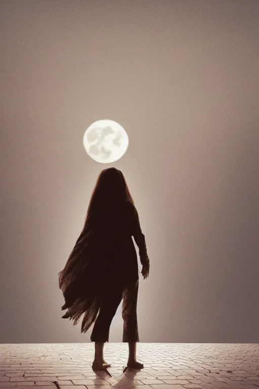 Prompt: the beauty girl standing under a full bright moon, in the evening, cosy environment, back to face, simple and fresh style, dark tones