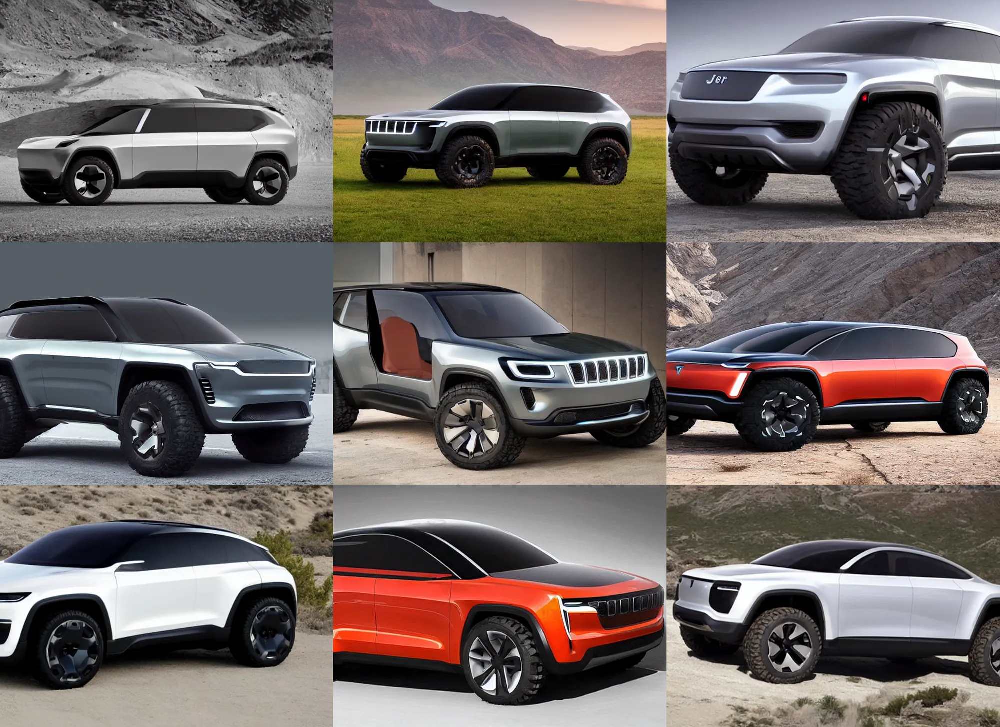 Prompt: future jeep concept suv, clean, tough, simple, electric, tesla cybertruck,