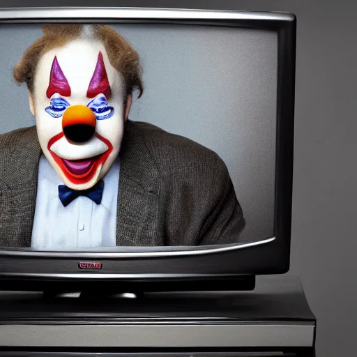 Image similar to professional photo of an old television that inside has a president that has a clown face and is giving a speech over a podium