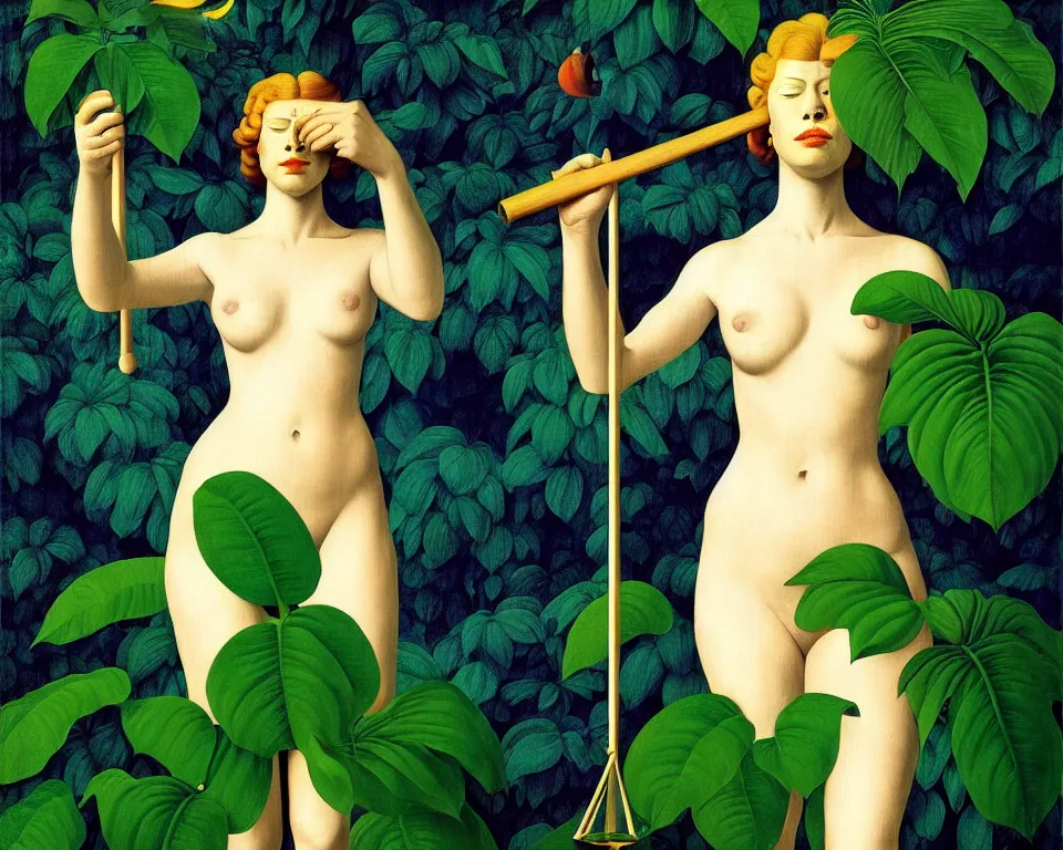 Image similar to an achingly beautiful print of blind lady justice in the tropical rainforest by Raphael, Hopper, and Rene Magritte. detailed, romantic, enchanting, trending on artstation.